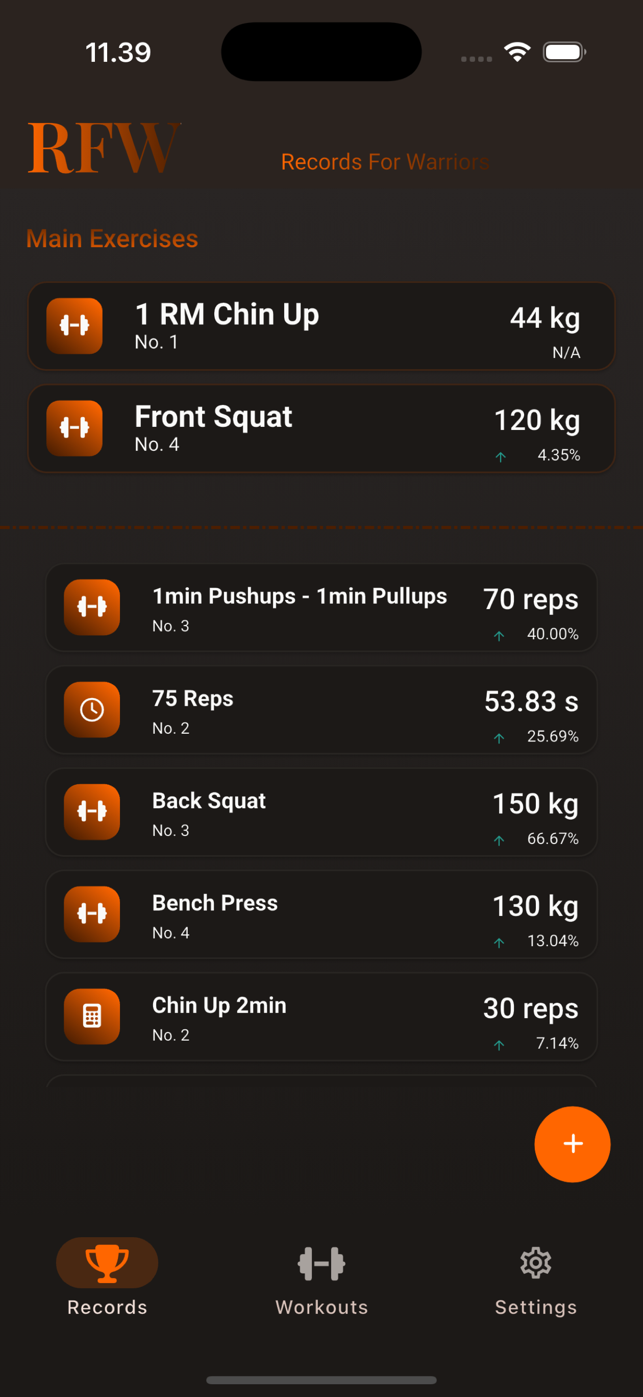 Records for Warriors app showing personal records